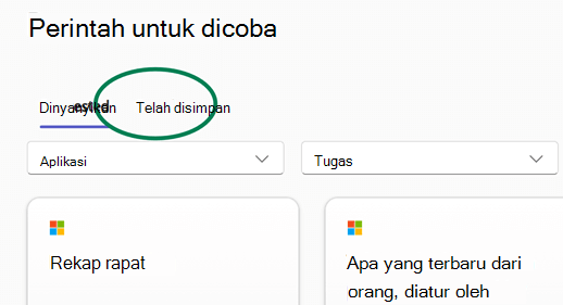 Pustaka perintah Copilot Lab dengan tab Perintah tersimpan disorot.