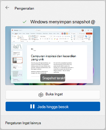 Cuplikan layar opsi Ingat, ditemukan di taskbar, untuk menjeda snapshot hingga besok