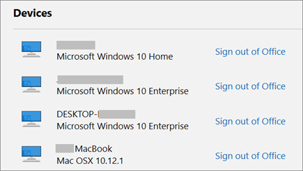 Menampilkan perangkat Windows dan Mac, serta tautan Keluar dari Office pada account.Microsoft.com