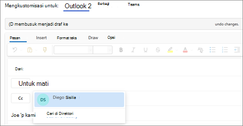 Cuplikan layar bidang Kepada di Outlook memperlihatkan alamat email yang sedang dipilih.
