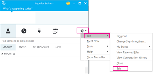 Untuk keluar dari Skype for Business, pilih ikon roda gigi, lalu File > Keluar