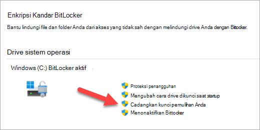 Aplikasi Kelola Enkripsi BitLocker dengan panah menunjuk pada opsi untuk mencadangkan kunci pemulihan BitLocker Anda.
