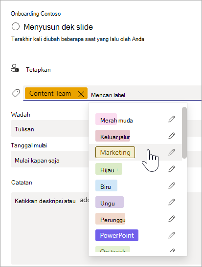 Memilih label dalam detail tugas di Planner