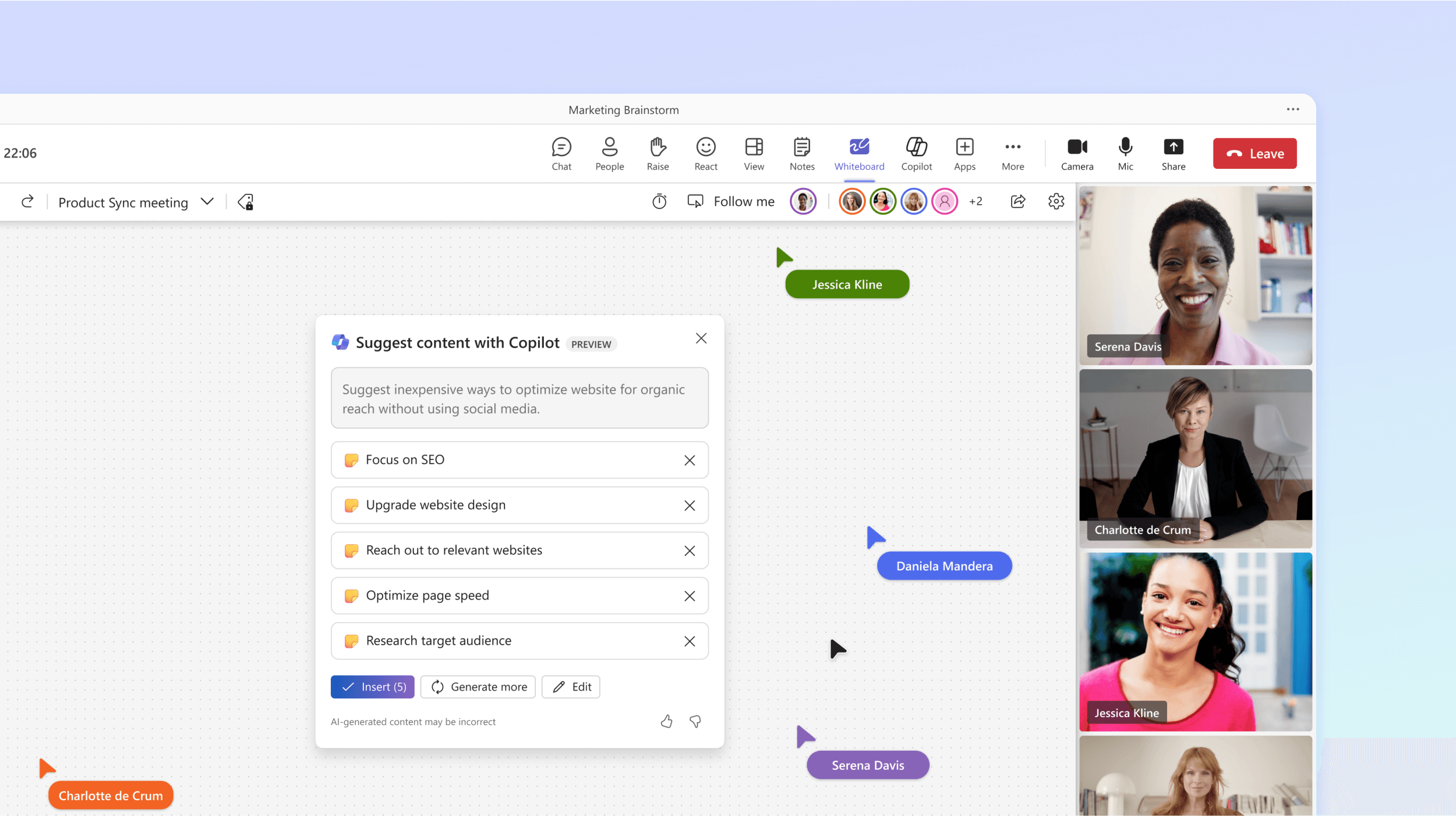 Cuplikan layar memperlihatkan Copilot di Whiteboard yang menyarankan topik untuk rapat.