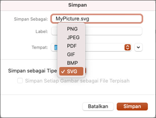 Dialog Simpan sebagai di PowerPoint 2021 untuk Mac dengan opsi SVG dipilih