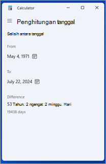 Penghitungan perbedaan tanggal di Kalkulator Windows.