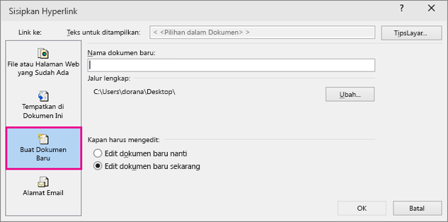 kotak dialog di mana Anda bisa menautkan ke dokumen baru