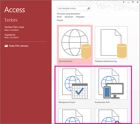 Templat aplikasi di layar permulaan Access 2013.