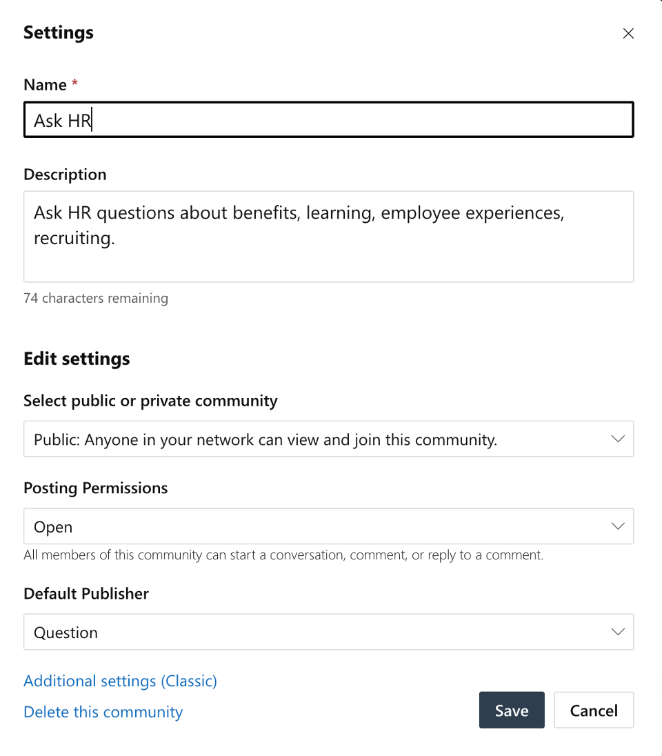 Cuplikan layar yang memperlihatkan pengaturan komunitas untuk penerbit default