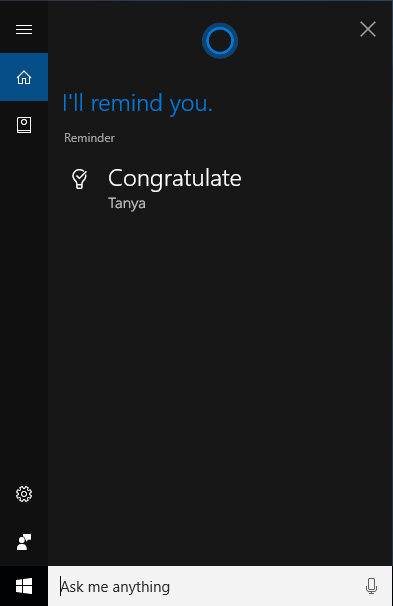 Gambar konfirmasi pengingat Cortana