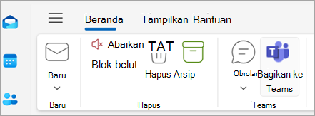 Cuplikan layar memperlihatkan Bagikan ke Teams di pita Outlook