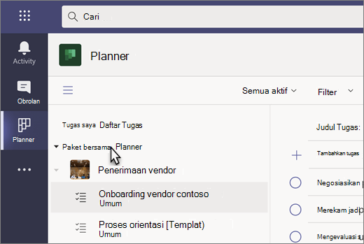 Cuplikan layar aplikasi Tugas di Teams, saat ini disebut Planner
