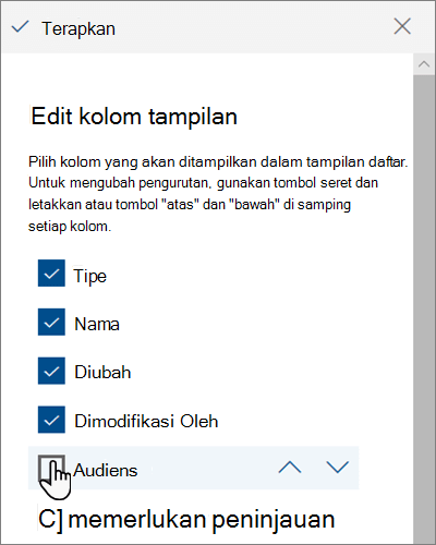 Panel Edit kolom tampilan di SharePoint Online modern