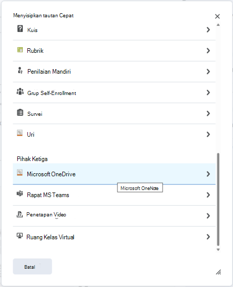 Lampirkan file OneDrive ke tugas menggunakan Menu Lampirkan Tautan Cepat Tugas Brightspace.