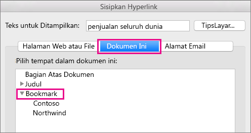 Kotak dialog Sisipkan Hyperlink dengan tab Dokumen Ini dan Bookmark disorot.