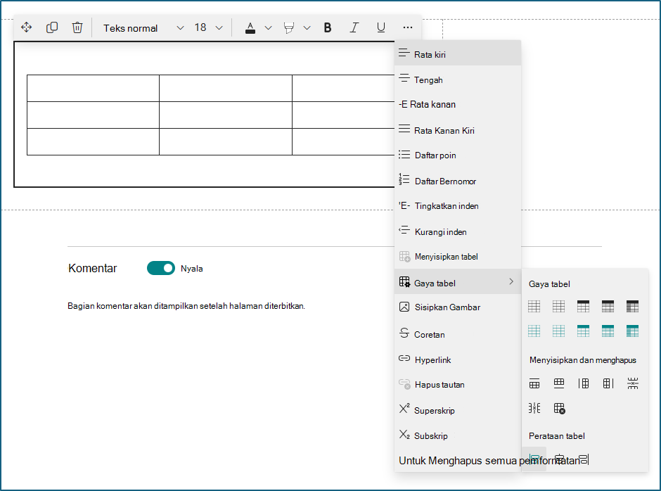 cuplikan layar panel pengeditan komponen web teks dan tabel