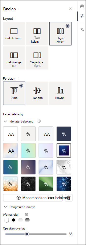 Panel properti bagian yang memperlihatkan lebih banyak pengaturan yang tersedia.