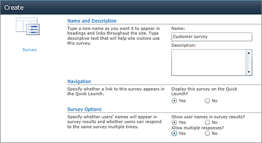 Halaman opsi Survei SharePoint 2010