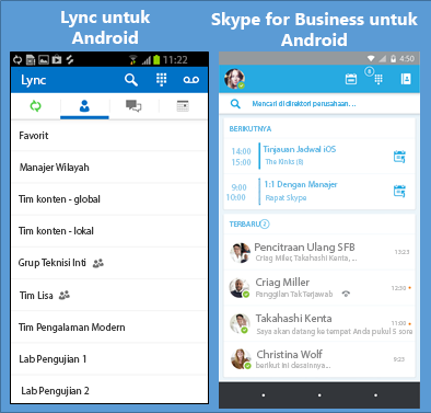 Cuplikan layar berdampingan Lync dan Skype for Business