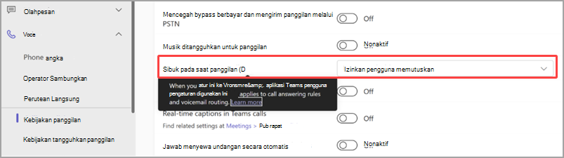 Admin akan dapat memperbolehkan pengguna mereka untuk mengonfigurasi pengaturan yang sibuk