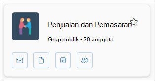 Kartu grup menampilkan nama grup, jumlah anggota dan memiliki ikon untuk email, file, kalender, dan anggota.