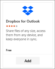 Cuplikan layar ubin add-in Dropbox untuk Outlook yang tersedia secara gratis.