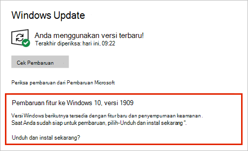 Windows Update memperlihatkan penempatan pembaruan fitur