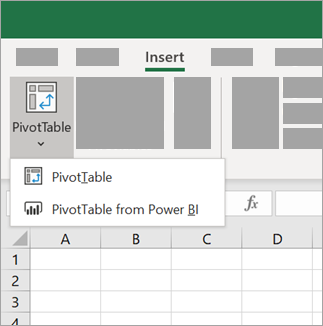 Sisipkan daftar menurun Microsoft PivotTable yang menampilkan opsi "dari Power BI".