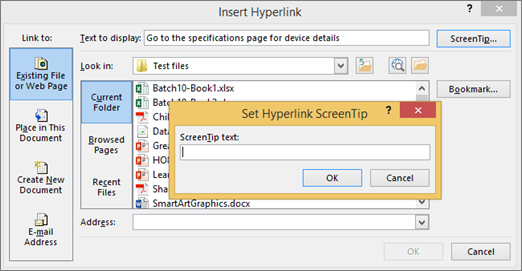 Tangkapan layar dialog Sisipkan Hyperlink.