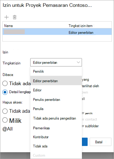 Cuplikan layar memperlihatkan turun bawah Tingkat izin saat berbagi folder