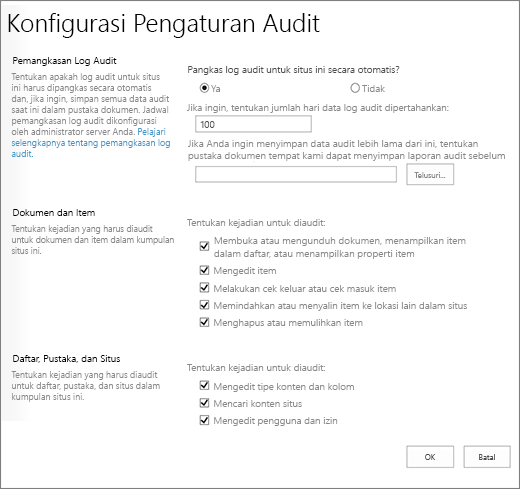 Mengonfigurasi pengaturan Audit dalam dialog Pengaturan Situs