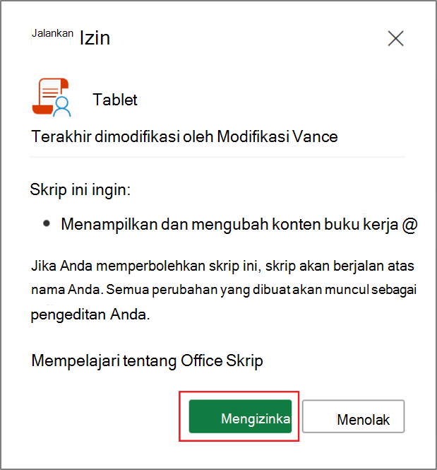 Kotak dialog Jalankan Izin untuk skrip Office di Excel