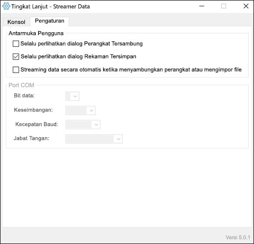 Tab pengaturan tingkat lanjut Add-in Excel data Streamer