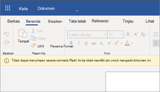Cuplikan layar Tidak dapat menyimpan kesalahan secara otomatis saat mengedit dokumen di Word
