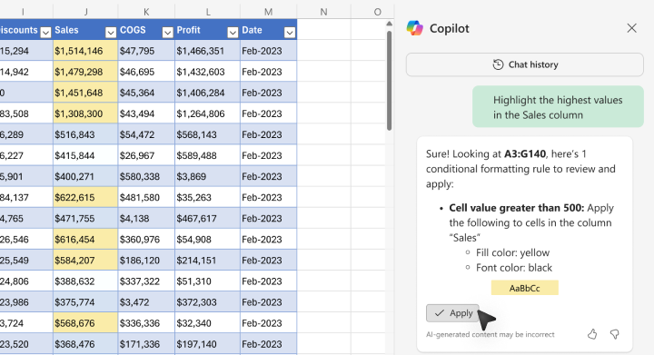 Cuplikan layar cara menyoroti nilai menggunakan Copilot di Excel.