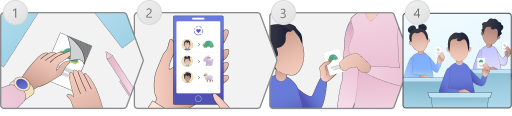 Seorang pendidik menempatkan Velcro di bagian belakang kartu hewan, lalu meninjau layar telepon dengan ikon hewan yang ditugaskan kepada siswa, dan akhirnya menyerahkan kartu hewan kepada siswa.