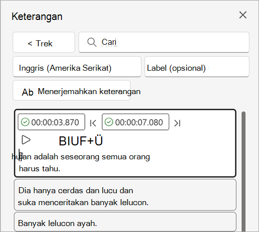 Mengedit isi teks dalam trek keterangan di panel Keterangan.