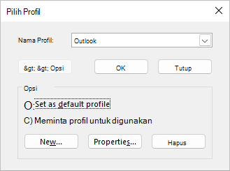 Pilih kotak dialog profil dengan nama profil baru dan tidak ada opsi yang dipilih.