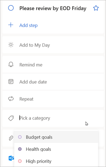 Saat detail tugas ditampilkan, pilih Pilih kategori untuk menetapkan kategori yang sudah Anda buat di Outlook.