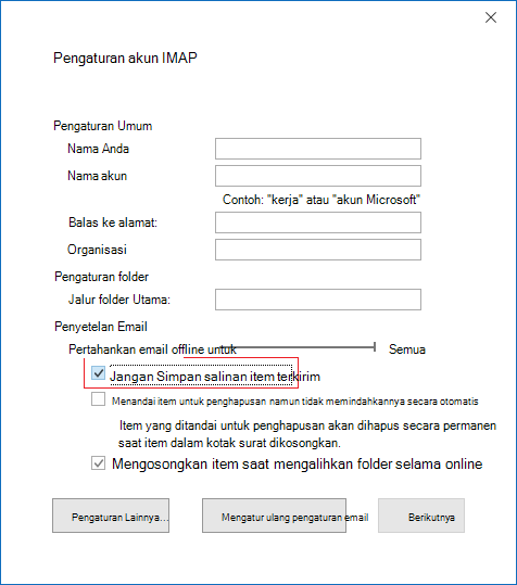 Pengaturan Akun IMAP, Jangan simpan salinan Item Terkirim