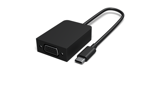 Gambar adaptor VGA USB-C dengan kabel USB melengkung di sampingnya.