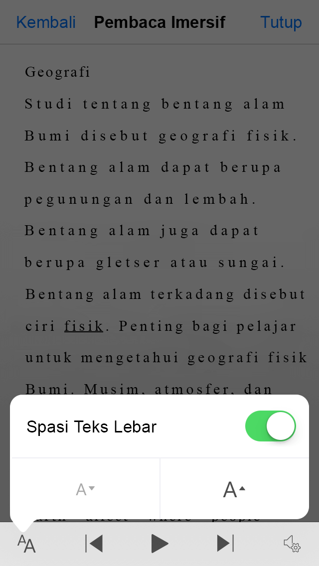 Cuplikan layar tombol Office Penspasian Teks Lebar Lens.