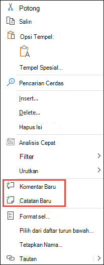 Gambar menu konteks klik kanan Excel