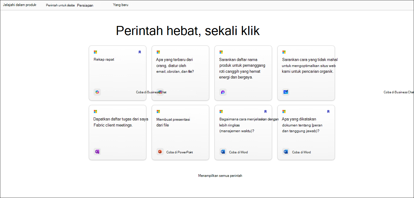 Perintah bagian di halaman Galeri Perintah Copilot memperlihatkan contoh perintah.