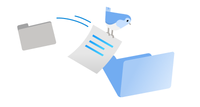 Seekor burung mengendarai dokumen dari satu folder ke folder lain