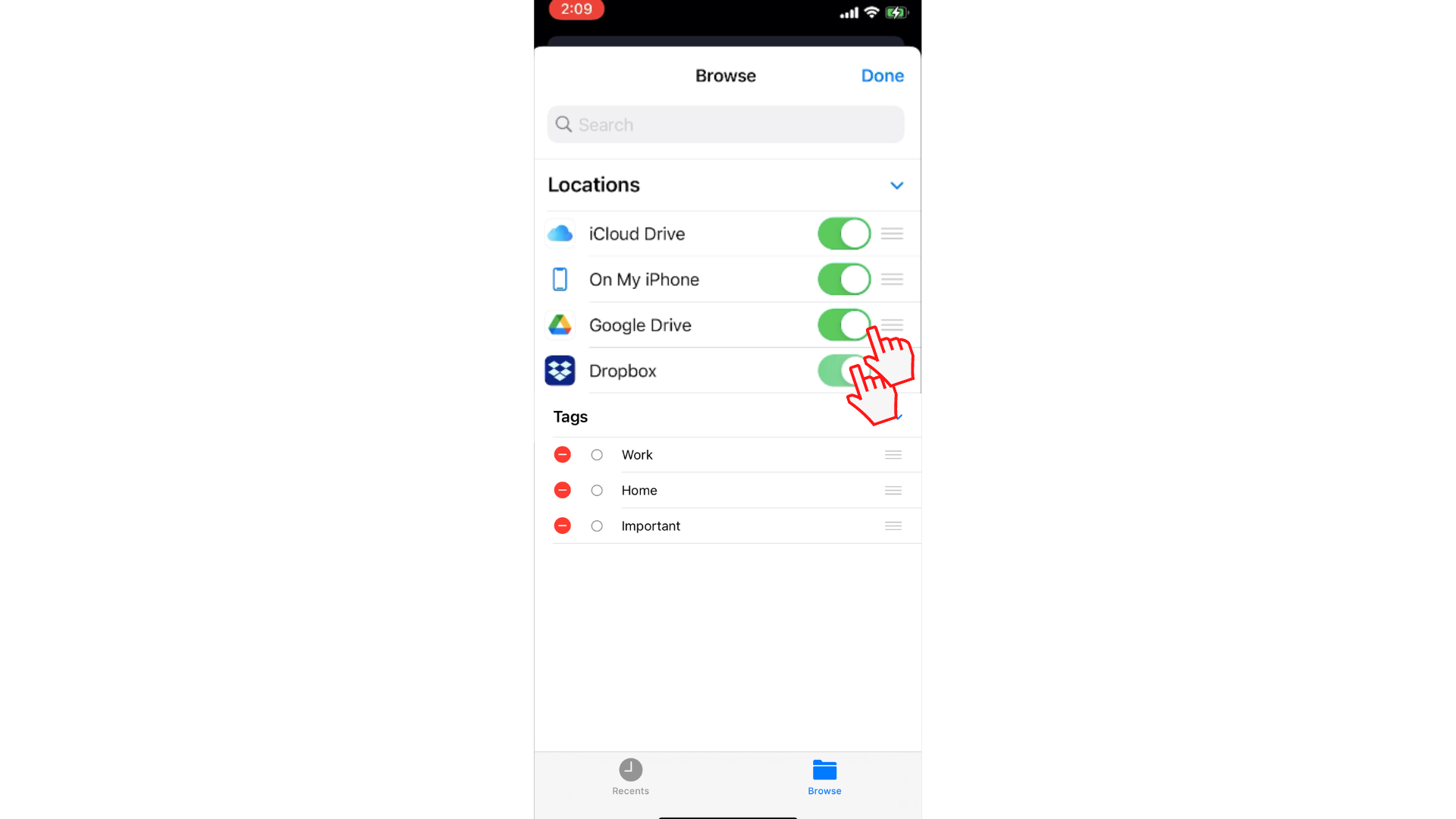 Pengguna geser tombol alih untuk mengizinkan akses ke Dropbox dan Google Drive