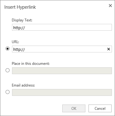 Cuplikan layar memperlihatkan kotak dialog Sisipkan Hyperlink untuk memasukkan informasi bagi teks tampilan dan URL, menentukan tempat dalam dokumen, atau alamat email.