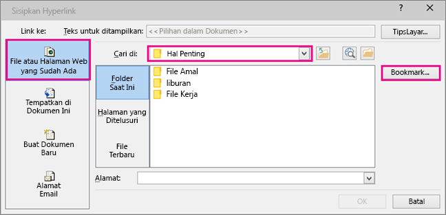 Memperlihatkan kotak dialog untuk menyisipkan link ke file berbeda dipilih