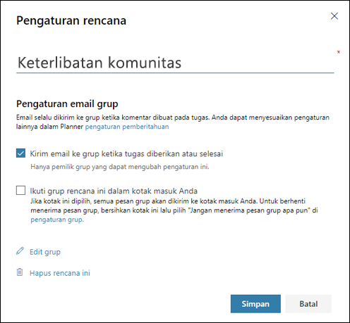 Tangkapan layar: Menampilkan pengaturan "Kirim email ke grup rencana..." untuk pengaturan paket