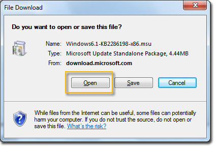 Pilih Unduh di halaman unduhan untuk KB2286198. Jendela yang memperlihatkan Unduhan File muncul, pilih Buka untuk menginstal file secara otomatis setelah diunduh.